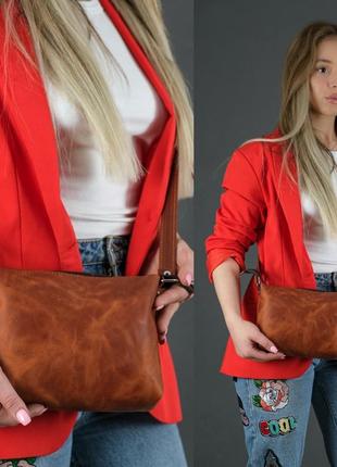 Женская сумка из натуральной винтажной кожи на лето crazy horse коричневая цвета коньяк4 фото