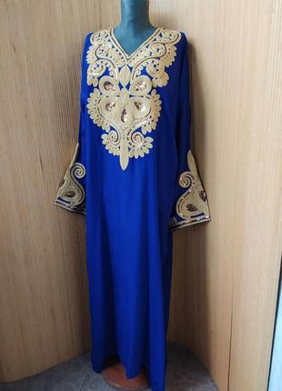 Нарядное платье / длинное платье с вышивкой синее с золотом абая / галабея2 фото
