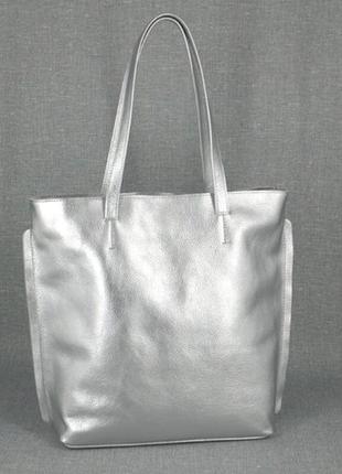 Жіноча шкіряна сумка на довгих ручках срібляста2 фото
