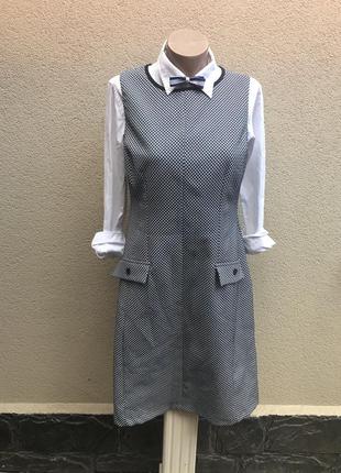 Сарафан на подкладке,бело-синий орнамент,платье офисное,хлопок,большой размер, next