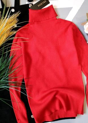 Красный вязаный лонгслив теплая водолазка свитер с горлом в рубчик гольф