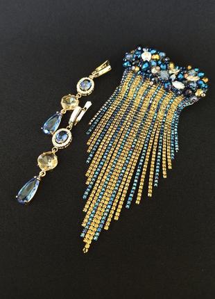 Набір прикрас ручної роботи, синього та золотого кольору, брошка серце зі страз та сережки