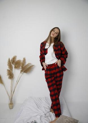 Женская пижама с рубашкой в красную клетку4 фото