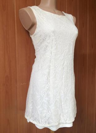 Молочне біле ажурне плаття міні сукня мереживо гіпюр стрейч трикотаж без рукавів4 фото