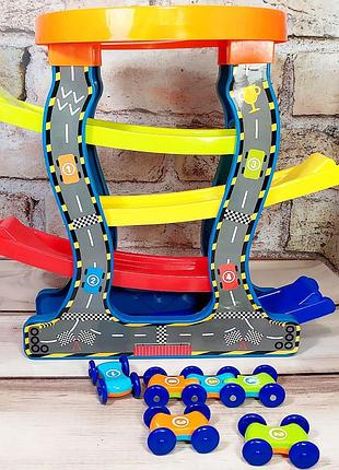 Горка спуск с машинками, детский трек с парковкой (оранжевый)