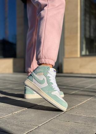 Nike air jordan retro 1 turbo green новинка женские высокие бирюзовые кроссовки натуральная замша найк джордан весна лето осень бірюзові кросівки3 фото