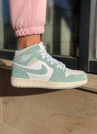 Nike air jordan retro 1 turbo green новинка женские высокие бирюзовые кроссовки натуральная замша найк джордан весна лето осень бірюзові кросівки10 фото