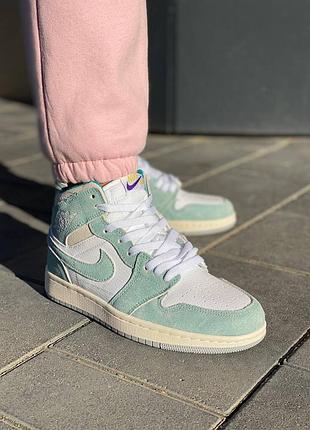 Nike air jordan retro 1 turbo green новинка женские высокие бирюзовые кроссовки натуральная замша найк джордан весна лето осень бірюзові кросівки4 фото