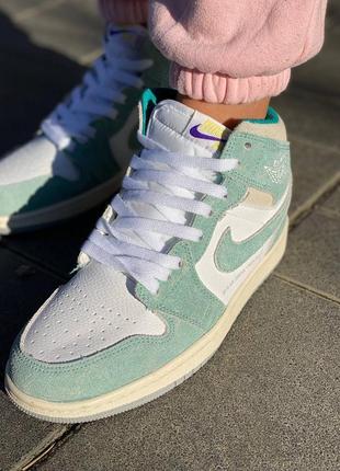 Nike air jordan retro 1 turbo green новинка женские высокие бирюзовые кроссовки натуральная замша найк джордан весна лето осень бірюзові кросівки9 фото