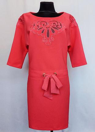 Эффектное платье реглан. сквозная вышивка. коралл. турция. новое, р-ры 42-50
