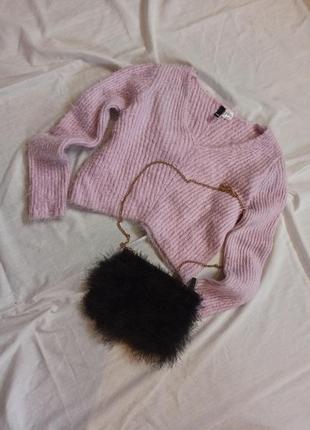 Розовый укороченный свитер травка пушистый