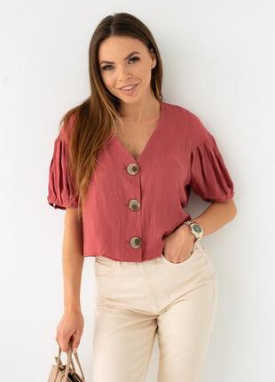 Женская свободная бордовая блуза с коротким рукавом на пуговицах