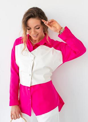 Женская рубашка с вставкой из экокожи berne  0328 белый с розовым l5 фото