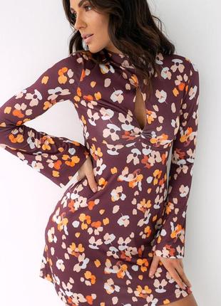 Платье мини расширенного силуэта с цветочным принтом top20ty  2301 коричневый4 фото