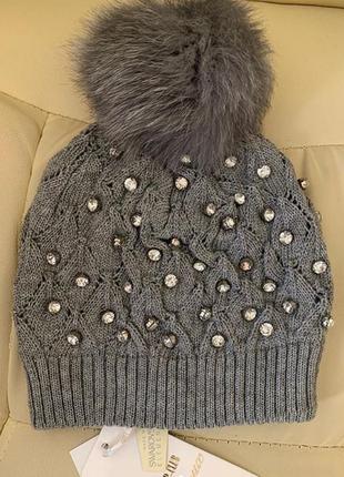 Шапка vdp жіноча з каменями swarovski зимова, сіра, хутро єнота
