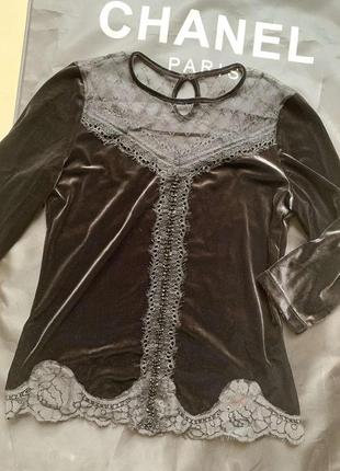 Бархатная женская блуза с кружевом декорированным кристаллами в наличии5 фото