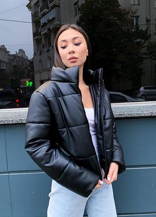 Чорна шкіряна куртка жіноча демісезонна на блискавці