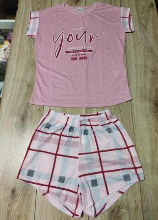 Піжама жіноча футболка шорти домашній костюм бавовняна рожева розмір m, l