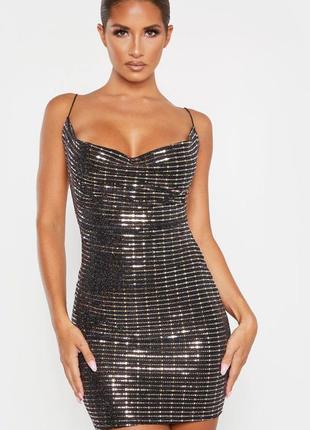 Плаття black strappy sequin cowl bodycon dress