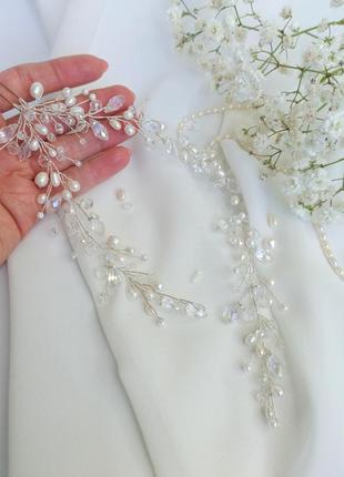 Подвійна шпилька в зачіску, весільні прикраси в зачіску нареченої з натуральними перлами2 фото