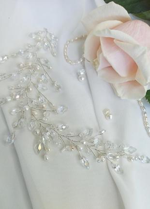 Гілочка у зачіску, весільні прикраси у зачіску нареченої з натуральними перлами2 фото