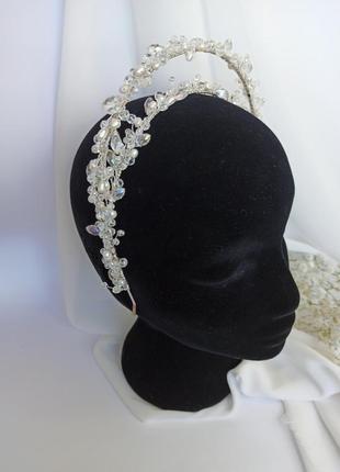 Весільний обруч-діадема, подвійний кришталевий обруч з натуральними перлами ksenija vitali