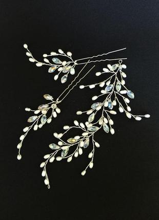 Набір весільних прикрас, сережки, перлова гілочка в зачіску + шпильки 2 шт з натуральним перли8 фото