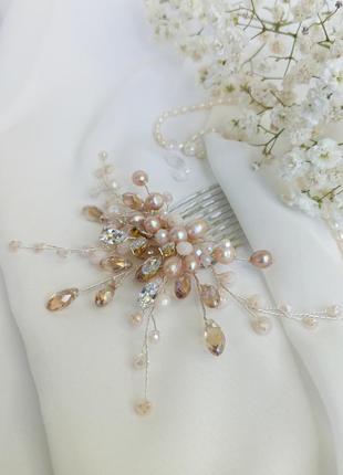 Набір весільних прикрас, гребінь в зачіску і сережки з натуральними перлами і фіанітами4 фото