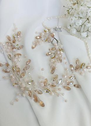 Набір весільних прикрас, перлова гілочка в зачіску і сережки з натуральними перлами4 фото