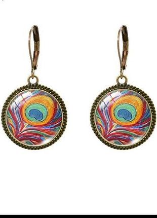 Стильні 3d сережки з зручною англійської застібкою перо павича