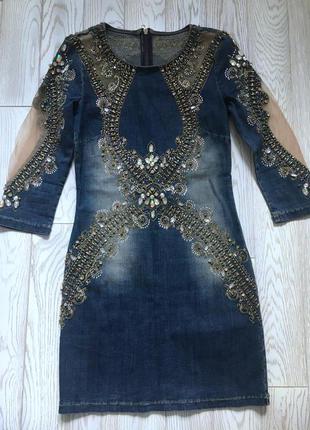 Платье джинсовое в стразы камни вышивка