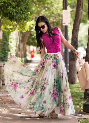 Шикарная шифоновая пышная юбка в пол с рюшем в цветочный принт3 фото