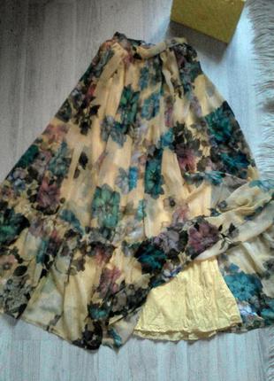Шикарная шифоновая пышная юбка в пол с рюшем в цветочный принт