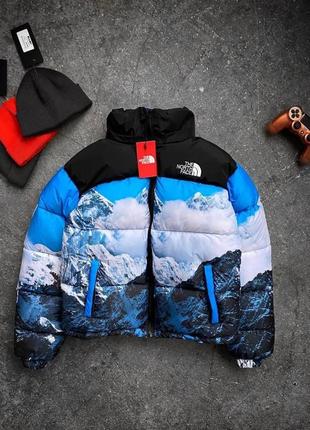 Зимова куртка пуховик блакитна з принтом тнф/the north face/tnf преміум'якість хіт сізона