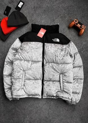 Зимняя куртка пуховик серая бархатная тнф/the north face/tnf премиум качество хит сизона