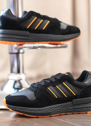 Чоловічі чорні з помаранчевої підошвою кросівки adidas zx 500 модні кросівки адідас відмінної якості7 фото