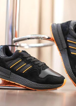 Чоловічі чорні з помаранчевої підошвою кросівки adidas zx 500 модні кросівки адідас відмінної якості6 фото