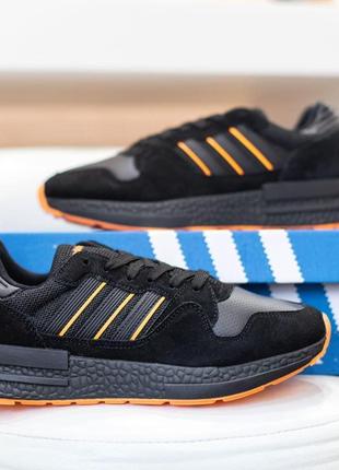 Чоловічі чорні з помаранчевої підошвою кросівки adidas zx 500 модні кросівки адідас відмінної якості3 фото
