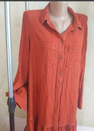 Терракотовое платье рубашка в винтажном стиле оверсайз кирпично красного цвета с поясом5 фото