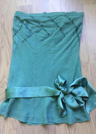 Блузка warehouse без бретелей смарагдового кольору з паском /100% шовк