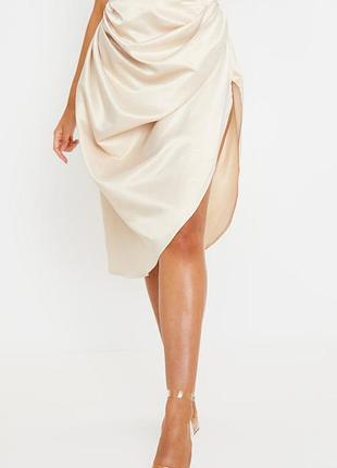 Cream satin woven ruched side midi skirt
