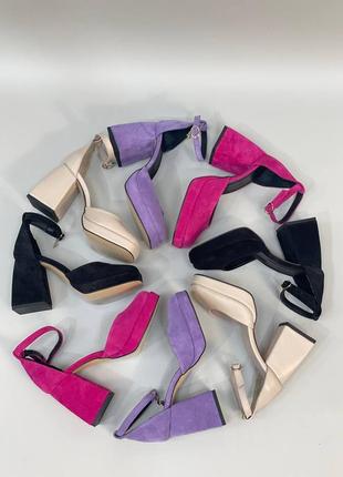 Эксклюзивные туфли босоножки из натуральной итальянской замши лаванда на платформе8 фото