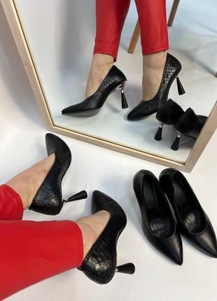 Эксклюзивные туфли лодочки на шпильке итальянская кожа чёрные1 фото