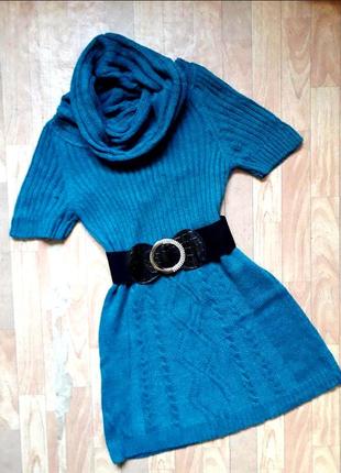 Вязаное теплое мини платье туника с высоким воротником и поясом1 фото