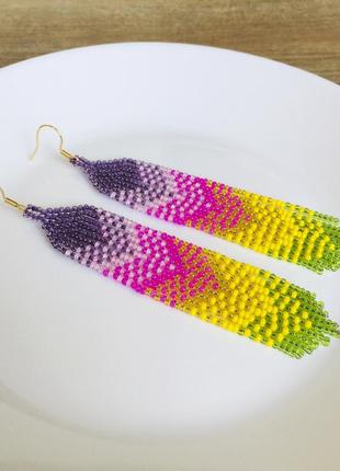 Яркие разноцветные серьги бахрома из бисера2 фото