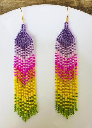 Яркие разноцветные серьги бахрома из бисера9 фото