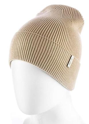 Шапка бини из вискозы с отворотом одинарной вязки рубчик zolly zh204 бежевый