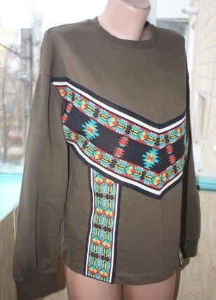 Стильный свитшот кофта цвета хаки с орнаментами zara в бохо этно хиппи стиле3 фото