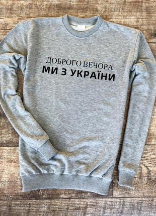 Чоловічий утеплений сірий світшот із принтом "доброго вечора, ми з україни""