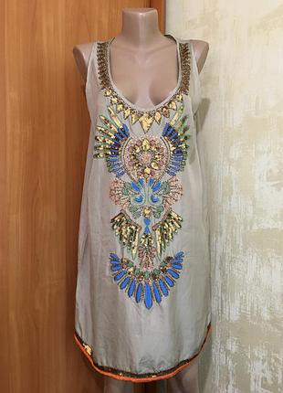 Розкішна шовкова туніка,сукня з вишивкою,нюд!!
